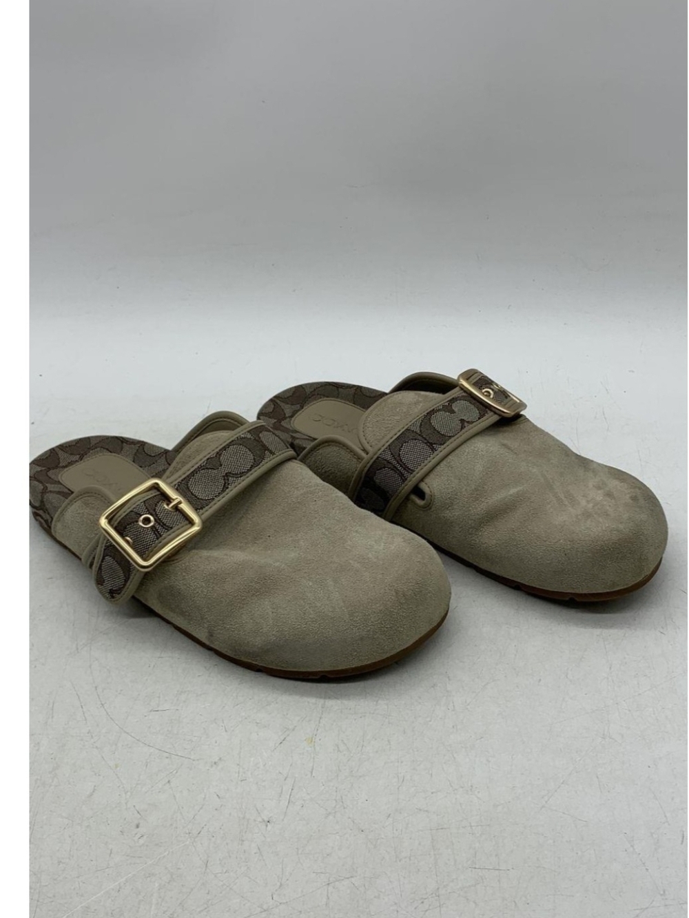 Coach Khaki Suede Slide Mules with Signature Canvas Strap